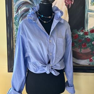 Van Heusen Light Blue Ruffle Collar Button-Up Blouse